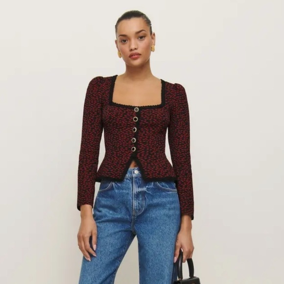 NWT Reformation Nikky Lace Trim Button Long Sleeve Top French Kiss Black Red 2 - Picture 3 of 6